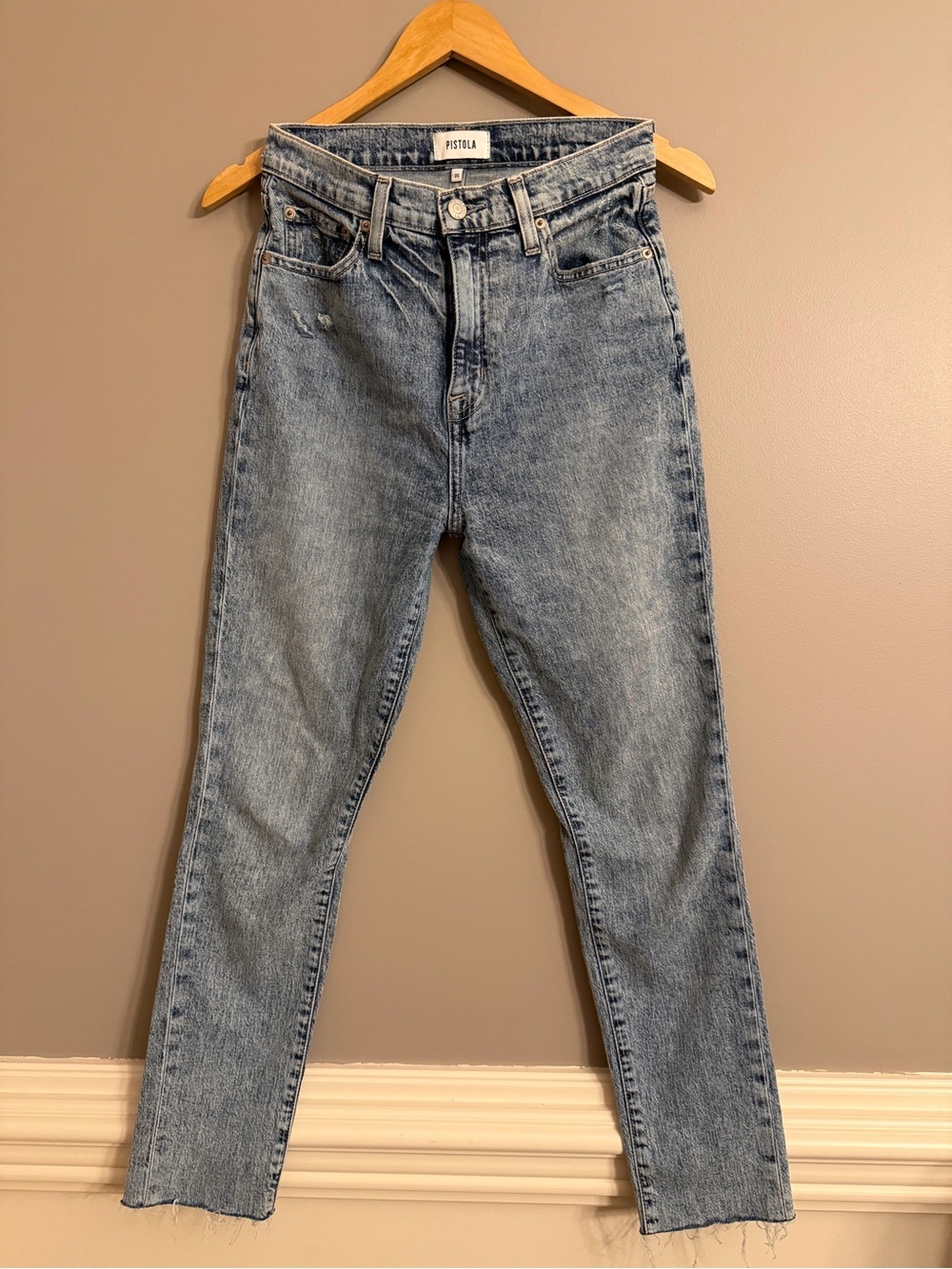 Pistola Denim High Rise Straight Leg Jeans Size 25 Light Acid Wash Raw Hem